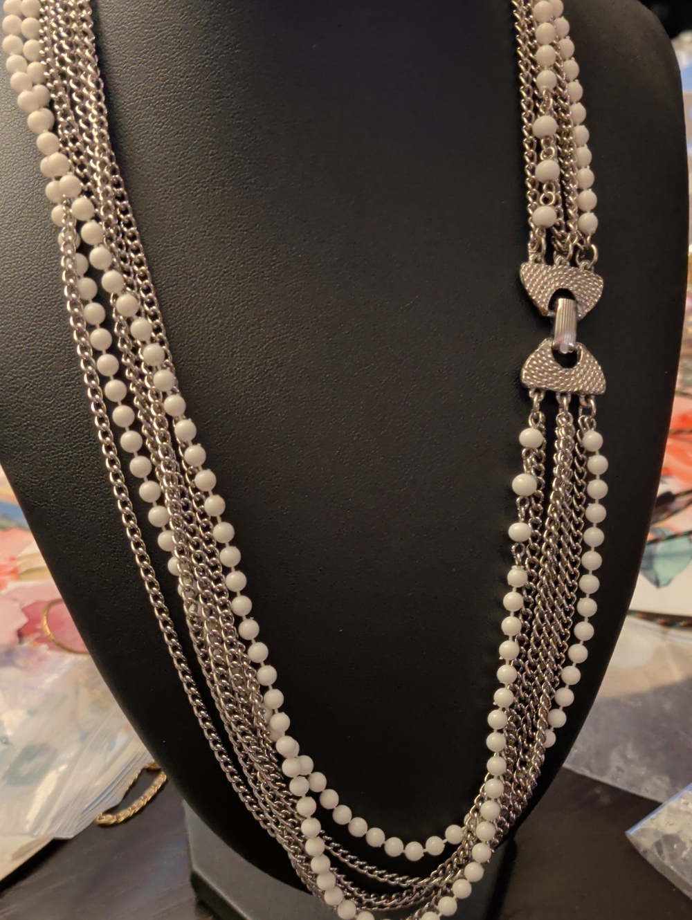 Multi-Strand White Bead and Silver Tone Chain Necklace